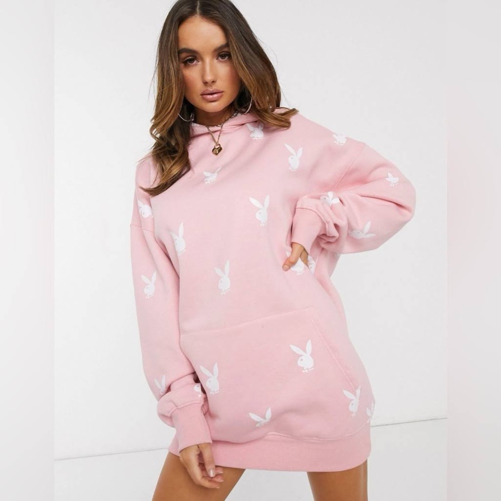 Misguided x playboy, pink and white logo hoodie dress, size 14, new without tags